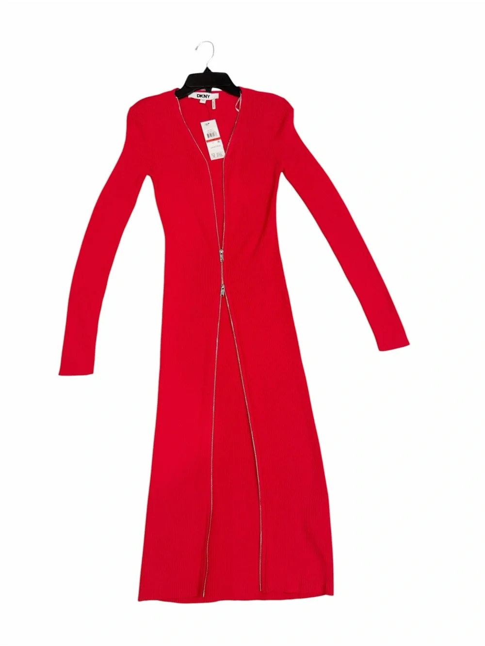 DKNY Ribbed Knit Two Way Zip Cardigan Dress Long Duster Long Sleeve Red XS NWT